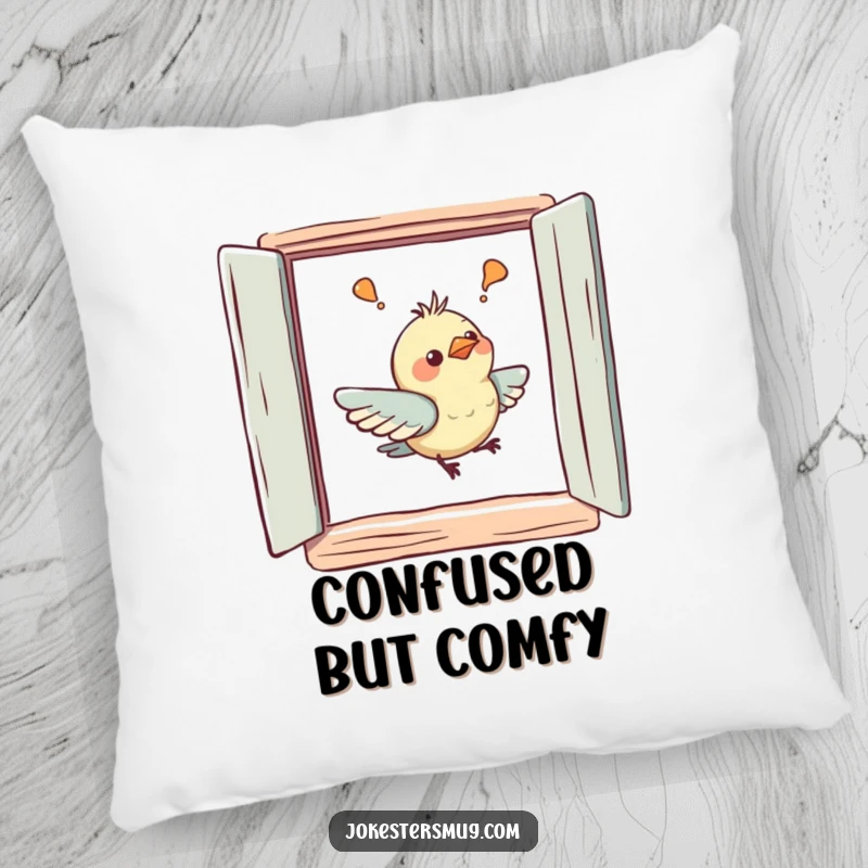 Funny pillow with a confused bird gently bumping its beak on a painted window, adding a humorous touch to any room.