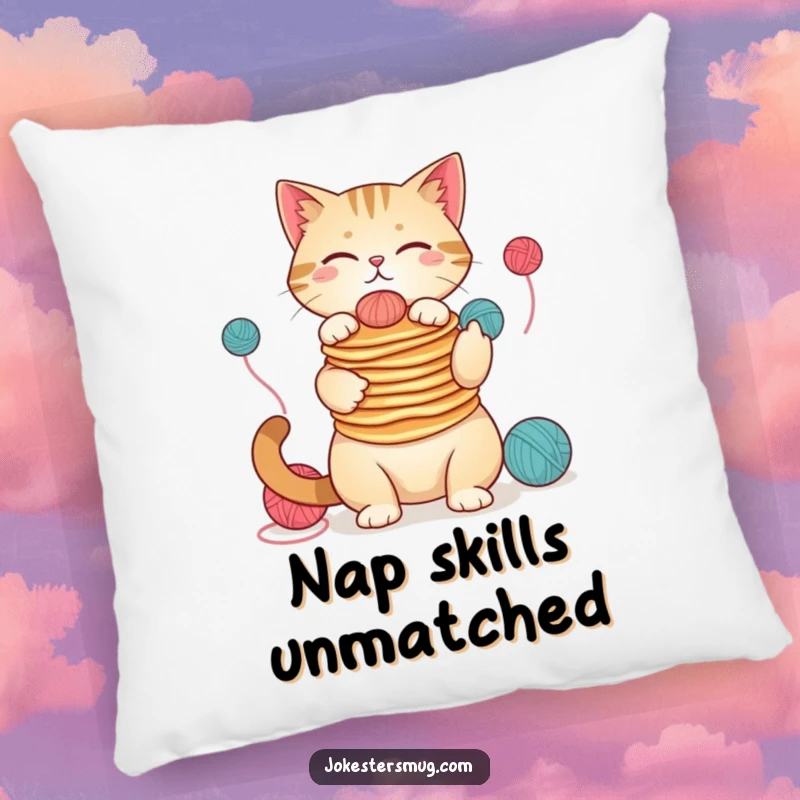 Funny cat pancake juggling pillow, soft and humorous decoration, cute feline art, perfect for sofa or bed, great funny gift.