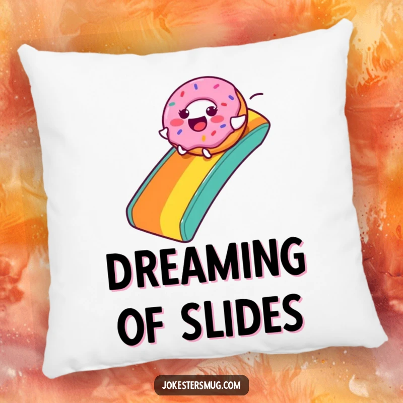 Funny Donut Pillow: A joyful donut character slides down a rainbow, offering soft, humorous decor and a great funny gift.
