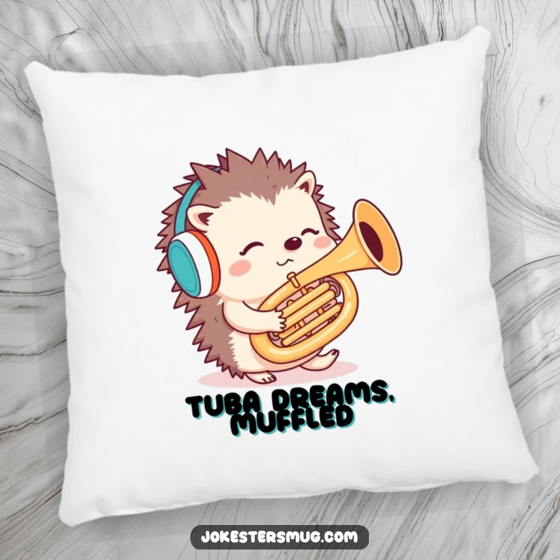 Funny hedgehog tuba pillow depicting a confused hedgehog with earmuffs playing a tuba backwards, offering comfort and Puzzled humor.