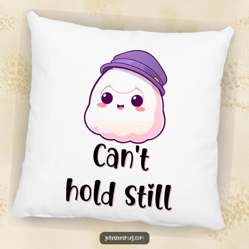 Funny pillow featuring a jelly blob character with a hat phasing through it, perfect for adding humorous comfort.
