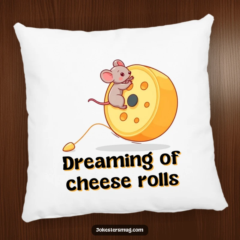 Funny Mouse Pillow: A tiny mouse rides a giant rolling cheese wheel downhill. Soft, humorous funny gift for cheese lovers.