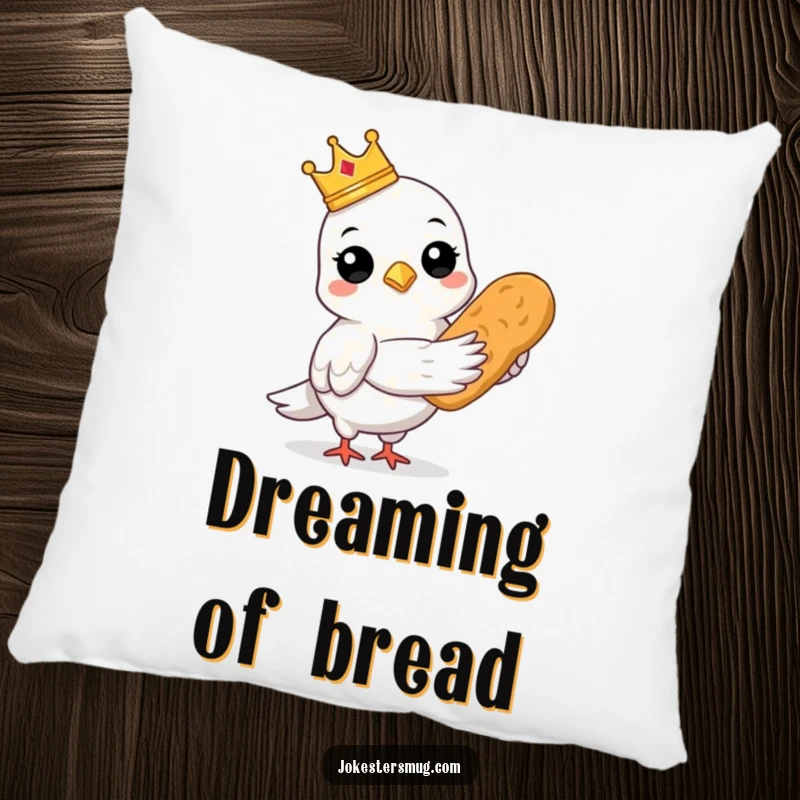 Funny soft pillow depicting a crowned pigeon holding bread, a perfect funny gift.