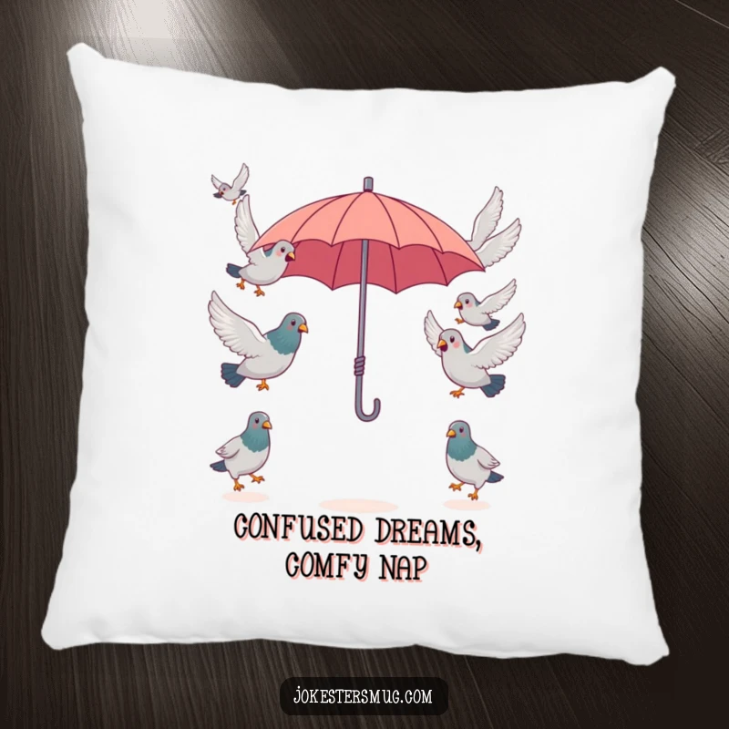 Funny surprised pigeons attempting to fly in opposite directions from a single, tiny umbrella, adding cozy humor to this decorative pillow.