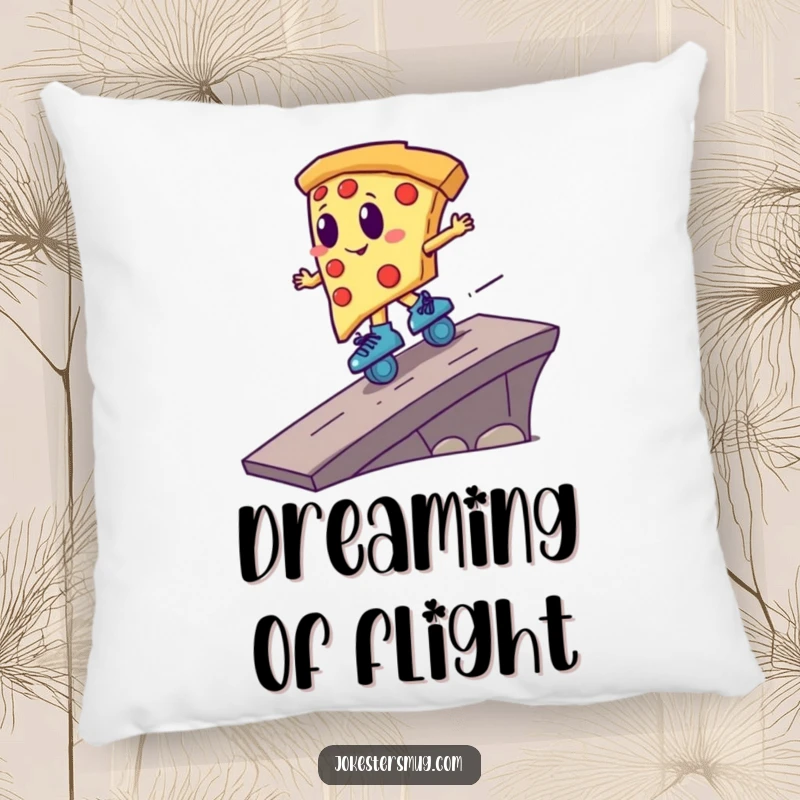 Funny pizza slice wearing roller skates, launching off a ramp, presented on a soft pillow for a humorous home accent.