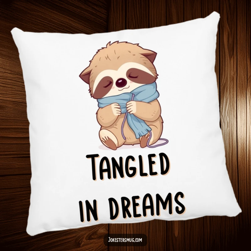Funny pillow featuring a sleepy sloth comically tangled in yarn while trying to knit a scarf, offering plush comfort.