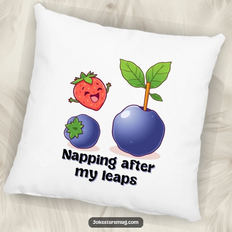 Funny pillow design of a delighted strawberry pole vaulting over a large blueberry, a soft and humorous accent.