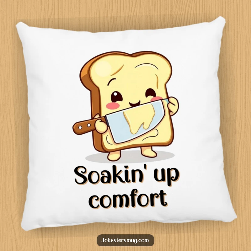 Funny pillow featuring a happy toast character awkwardly buttering itself with a giant knife, perfect for cozying up.