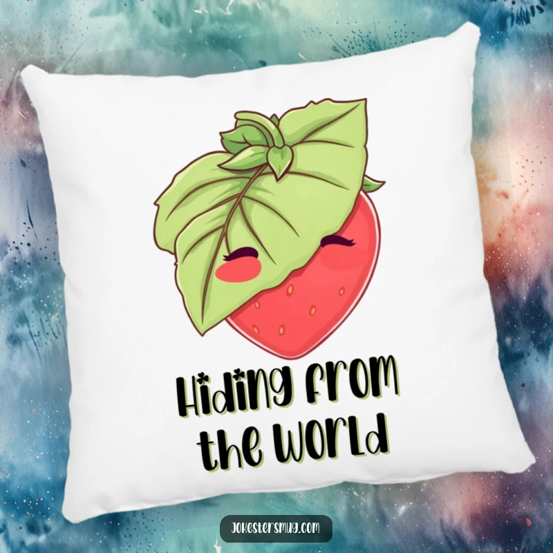 Funny Strawberry Pillow: A blushing strawberry comically hides behind a large leaf. Soft, cute, funny gift for decor lovers.