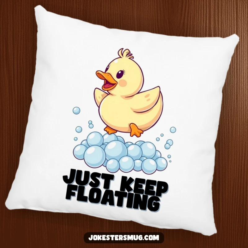 Funny pillow design of a rubber ducky heroically leaping over a mountain of soapy bubbles, a delightful and soft decor item.
