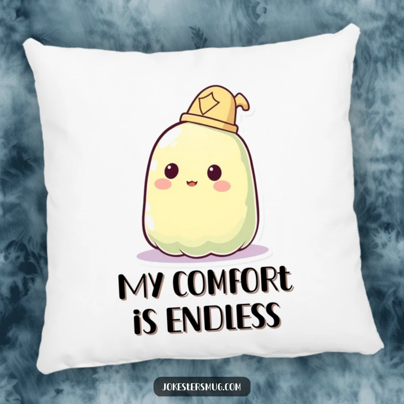 Funny pillow featuring a jelly blob comically failing to wear a hat, phasing through it.