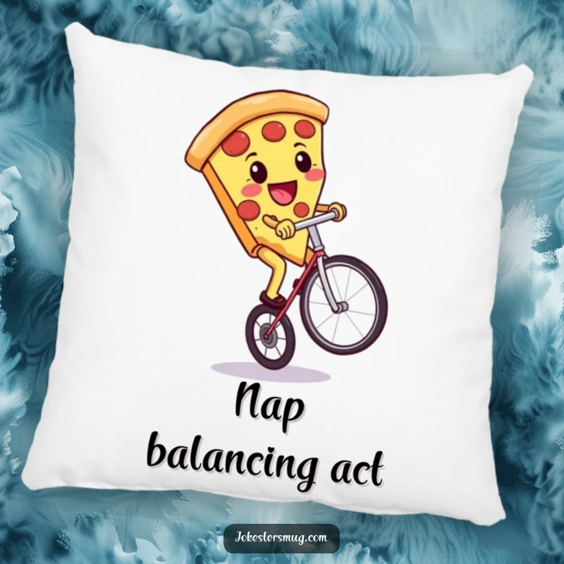 Funny soft pillow depicting a pizza slice riding a unicycle, a perfect funny gift.