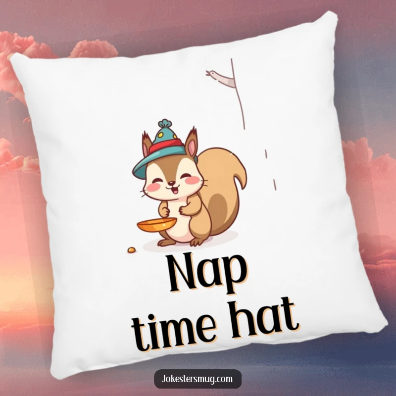 Funny Squirrel Pillow: A mischievous squirrel wears a bird feeder as a hat, offering soft, humorous decor and a great funny gift.