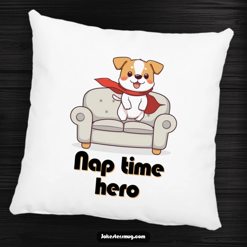 Funny throw pillow depicting a dog in a cape humorously attempting flight from a couch, perfect for cozy seating and superhero fans.