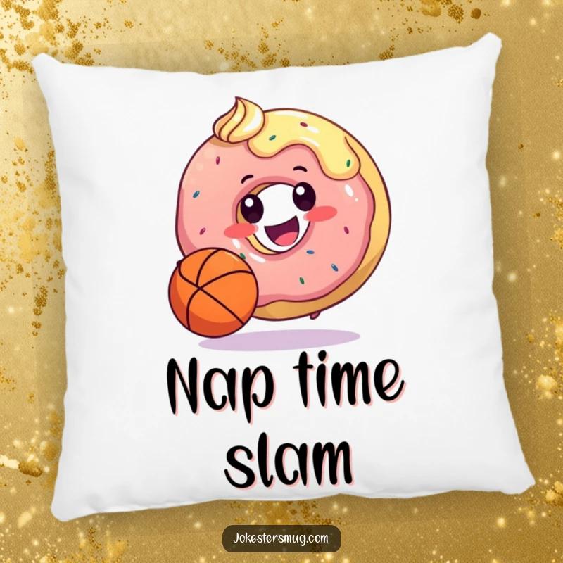 Funny throw pillow with a happy donut dribbling a basketball with its frosting, bringing cozy comfort and humorous sports vibes.