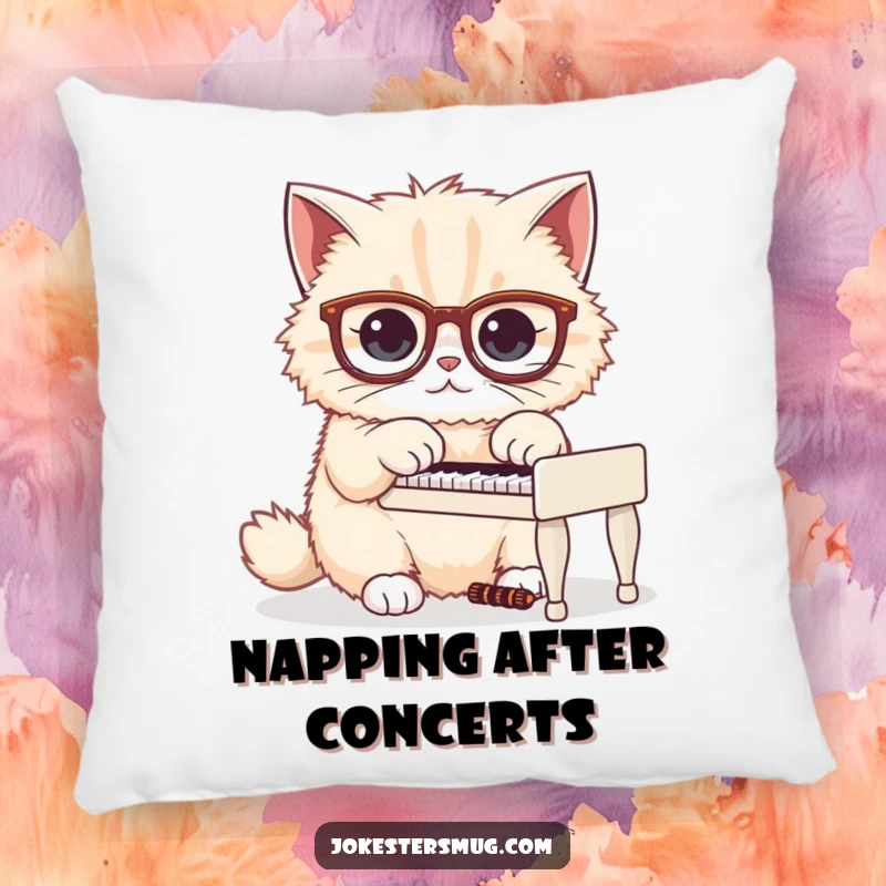 Funny decorative pillow with a fluffy cat wearing oversized glasses, humorously attempting to play a small piano.