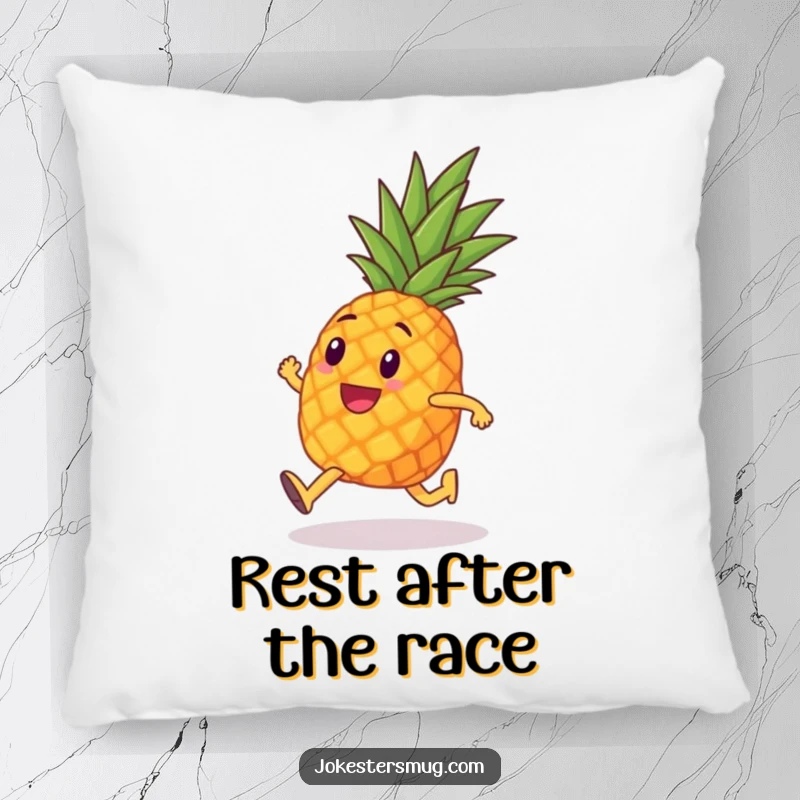 Funny throw pillow depicting a pineapple with tiny legs humorously running a marathon, perfect for cozy seating and athletic motivation.