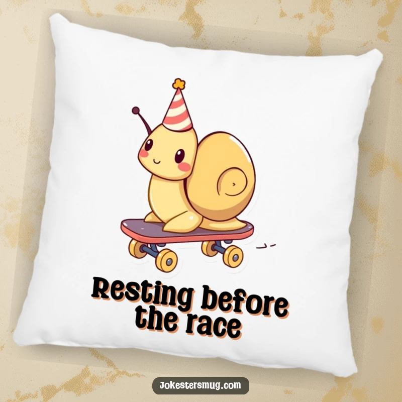 Funny decorative pillow showing a snail wearing a party hat, comically zooming on a skateboard.