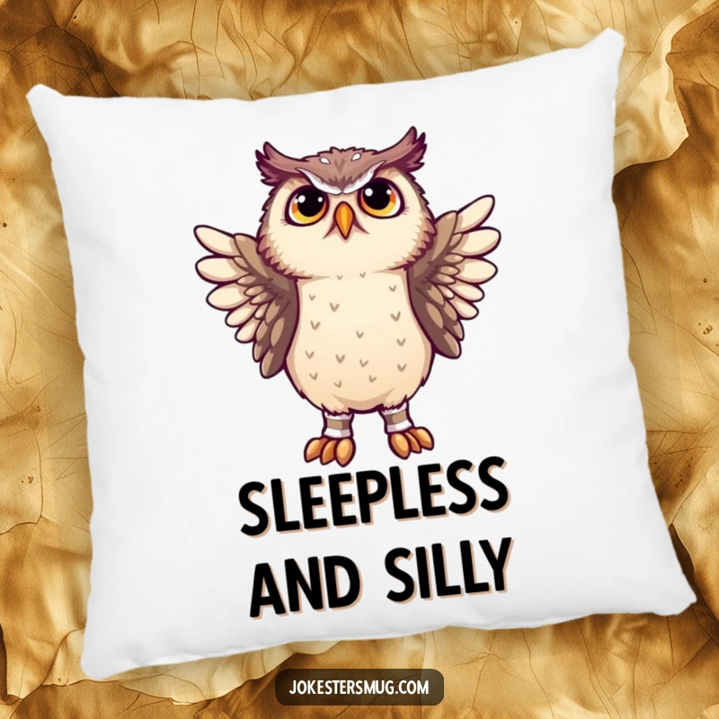 Funny owl struggling with socks on its wings, featured on a soft pillow for a whimsical home accent.