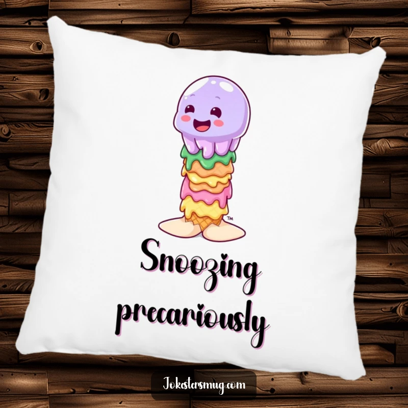 Funny wobbly jelly character attempting to balance on a stack of melting ice cream cones, soft plush pillow for comfort.