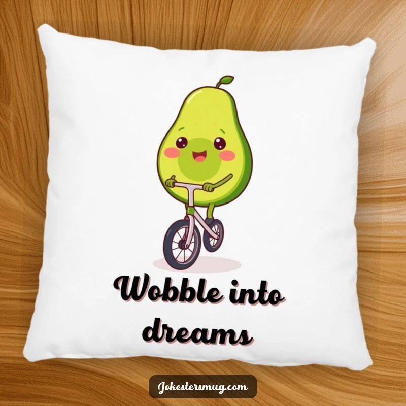 Funny pillow featuring a smiling avocado balancing on a miniature unicycle, adding a touch of whimsical comfort.