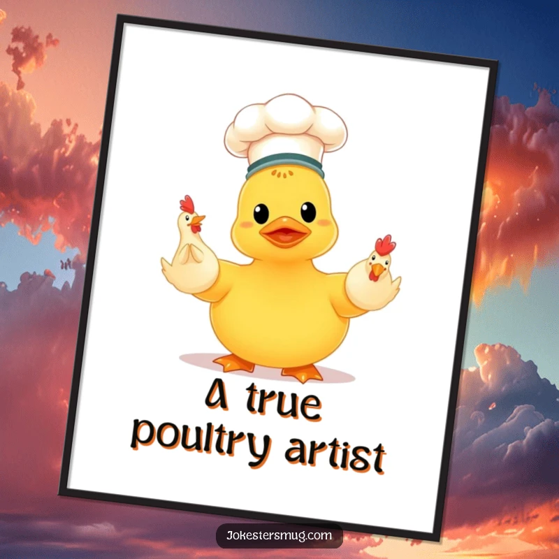 Funny chef rubber ducky in a tiny hat, awkwardly juggling three rubber chickens, a humorous and downloadable digital art print.