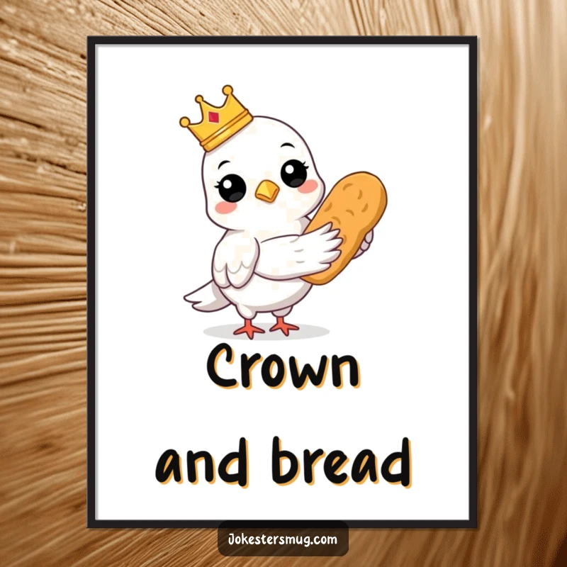 Funny digital art print of a crowned pigeon holding bread, instant download decor.