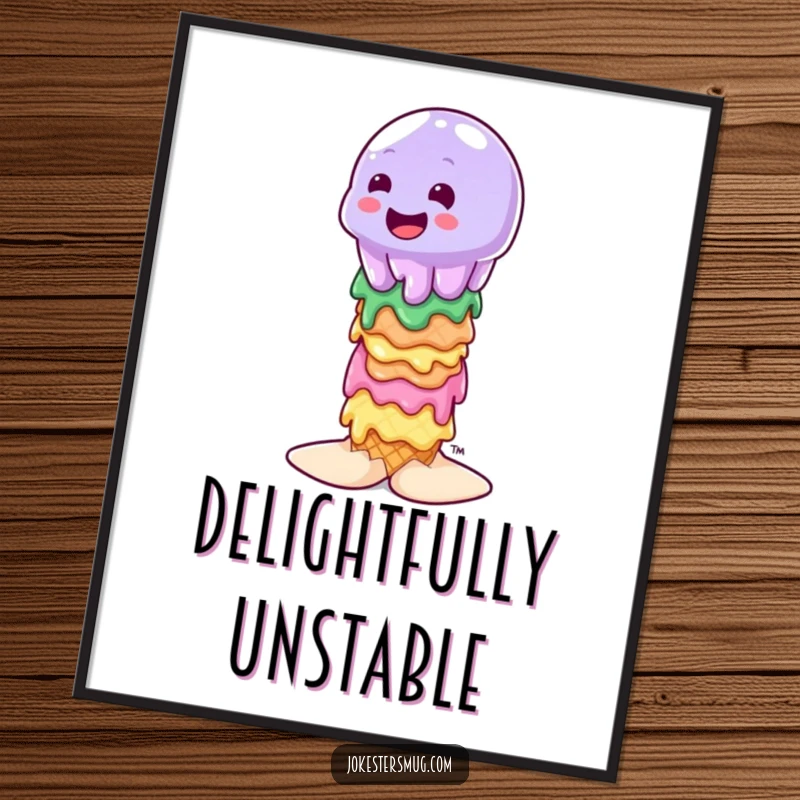 Funny wobbly jelly character attempting to balance on a stack of melting ice cream cones, digital artwork for instant download.