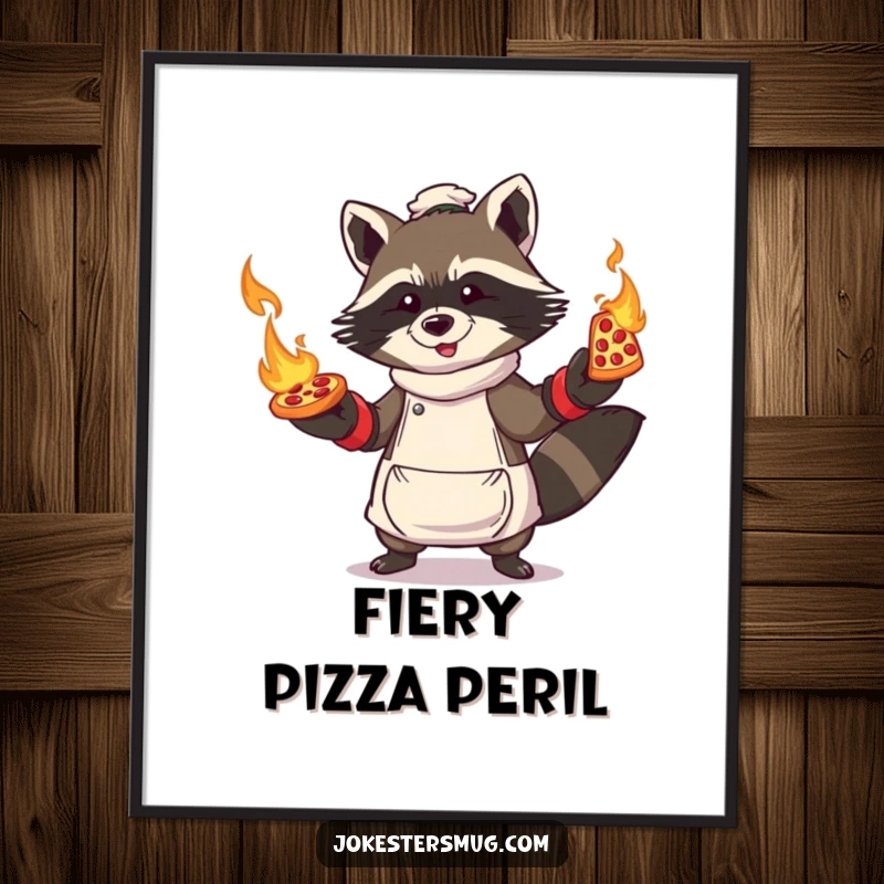 Funny Raccoon Pizza Digital Art Print: Raccoon character in oven mitts, juggling flaming pizzas, conveying kitchen humor.