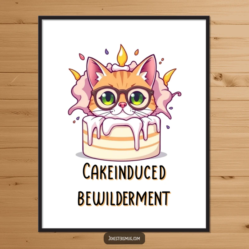 Funny bewildered cat wearing oversized spectacles peeking from behind a giant, exploding cake, a humorous digital artwork download for instant decor.