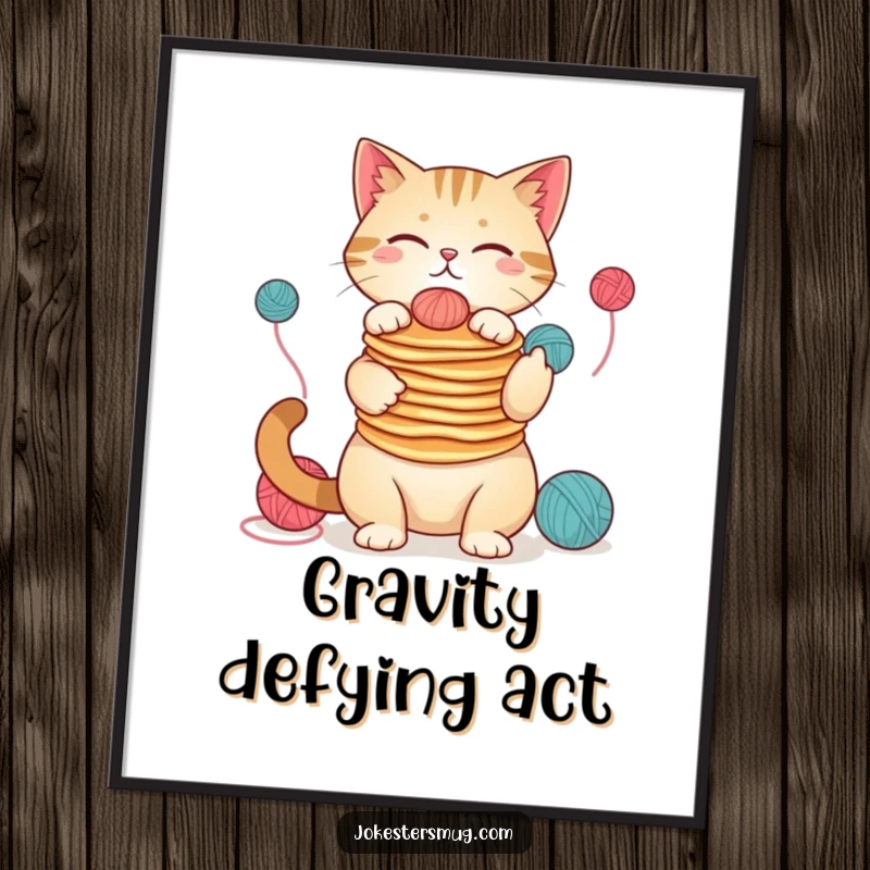 Funny cat pancake juggling digital art print, humorous feline illustration, instant download, versatile wall decor, a unique funny gift.