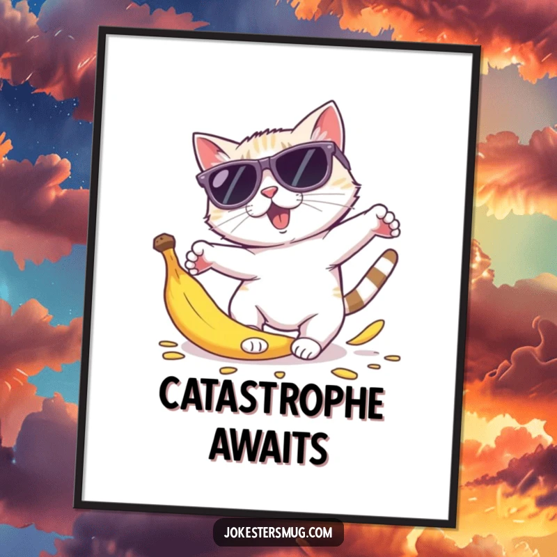 Funny cat sunglasses digital art print of a cat in oversized shades tripping on a banana peel, body parts comically scattered.