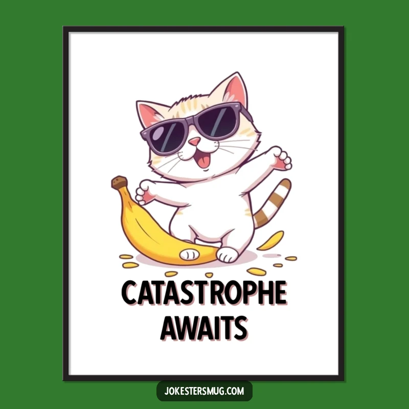 Funny Cat Sunglasses Digital Art: Banana Peel Trip Print for Instant Laughs