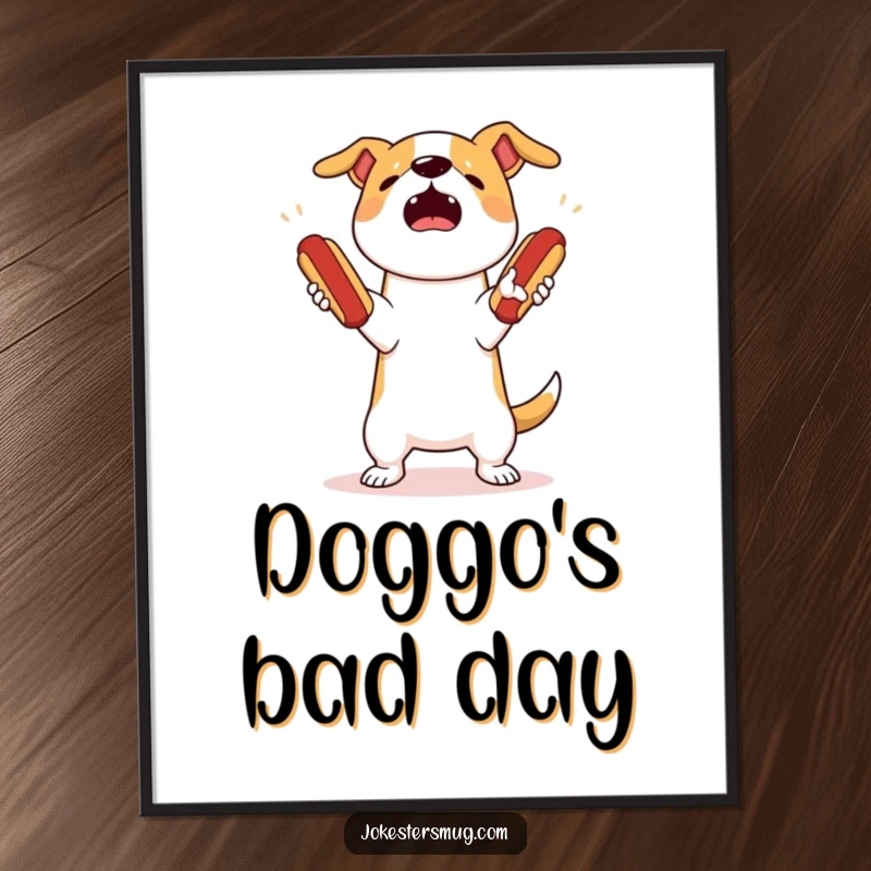 Funny dog juggling digital art print of a startled dog attempting to juggle three bouncing hot dogs, dropping them all.