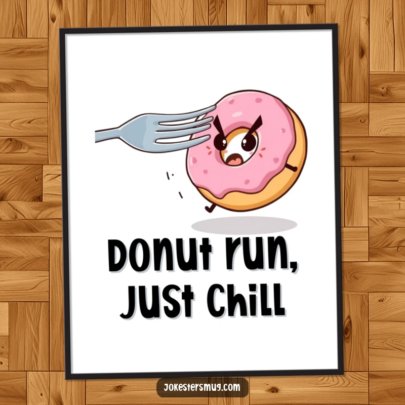 Funny digital art print of a terrified donut running from a giant fork with sharp tines, high-resolution and humorous wall decor.