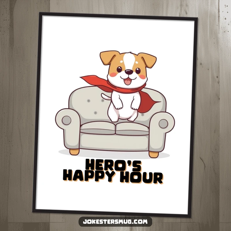 Funny digital art print of a dog wearing a cape, humorously attempting flight from a couch, perfect for superhero-themed wall decor.