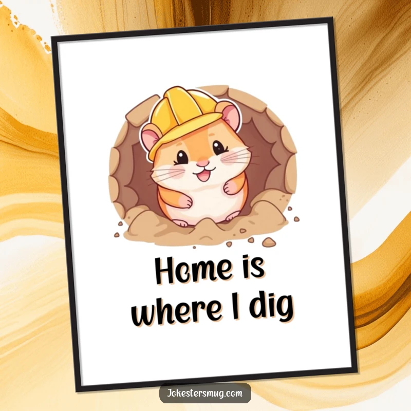Funny hamster wearing a hard hat enthusiastically digs a tunnel, a digital art print symbolizing determination.