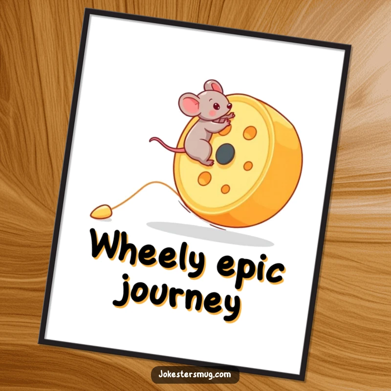 Funny Mouse Digital Art Print: A tiny mouse rides a giant rolling cheese wheel downhill. Instant funny gift for art lovers.