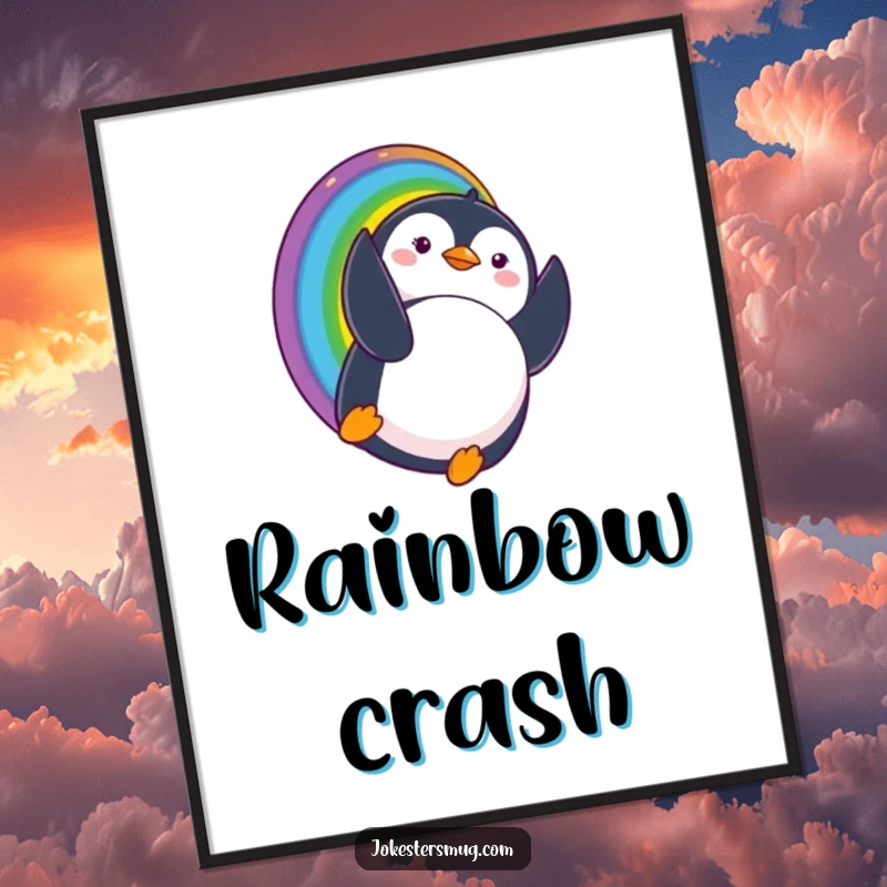 Funny digital art print of a penguin sliding down a rainbow and landing upside down with a comically surprised expression, perfect for whimsical decor.