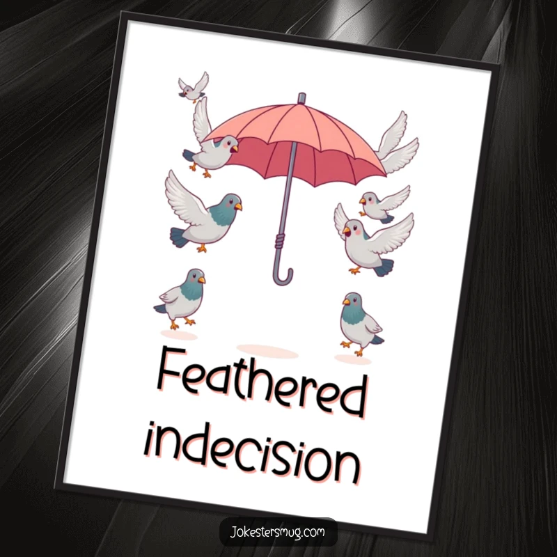 Funny surprised pigeons attempting to fly in opposite directions from a single, tiny umbrella, a humorous digital artwork download for instant decor.