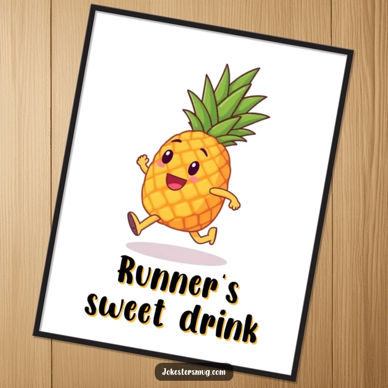 Funny digital art print of a pineapple with tiny legs humorously running a marathon, perfect for motivational and quirky fitness decor.
