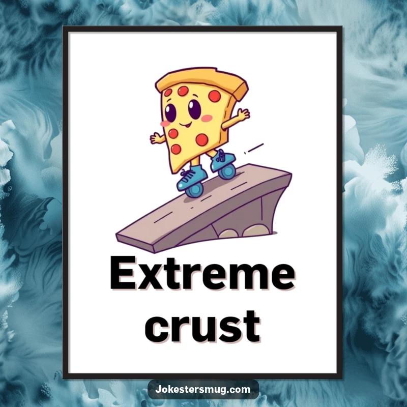 Funny pizza slice on roller skates, speeding off a ramp, in a vibrant digital art print for instant humorous wall decor.