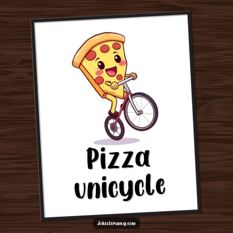 Funny digital art print of a pizza slice riding a unicycle, instant download decor.