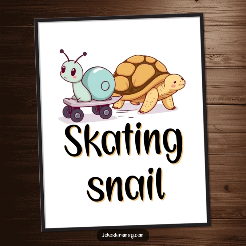 Funny digital art print of a snail on roller skates speeding past a napping tortoise, perfect for instant amusing humor and playful decor.