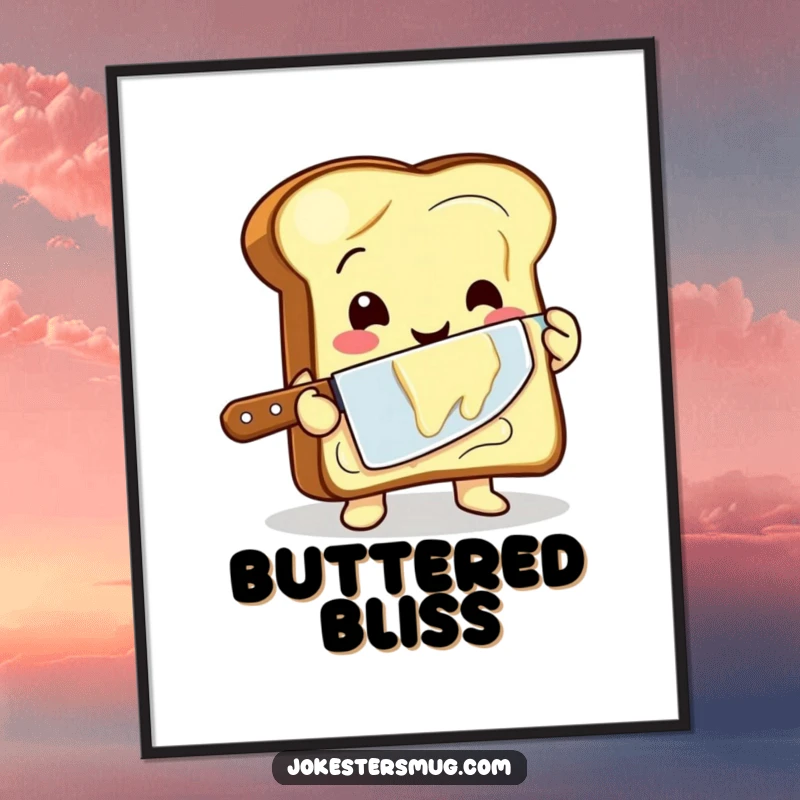 Funny digital art print of a happy toast character clumsily buttering itself with a giant knife, ideal for kitchen decor.