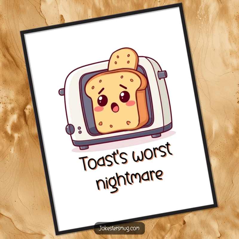 Funny loaf of bread, looking surprised, jumping out of a toaster, a humorous and downloadable digital art print.