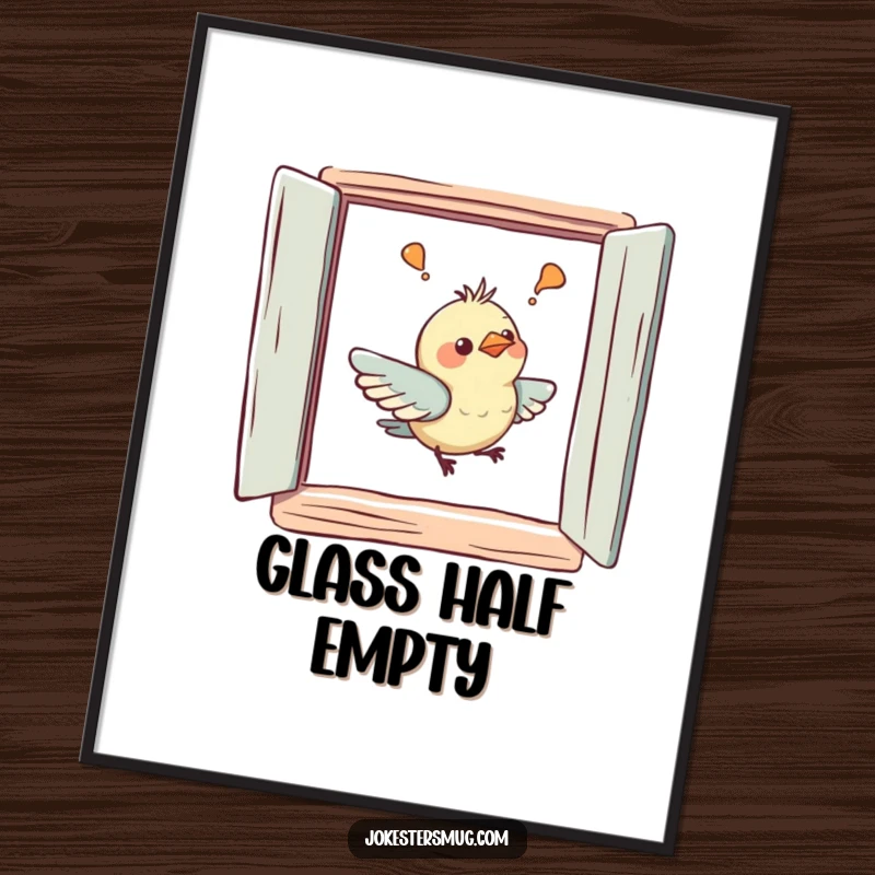 Funny digital art print of a confused bird gently bumping its beak on a painted window, ideal for instant humorous wall decor.