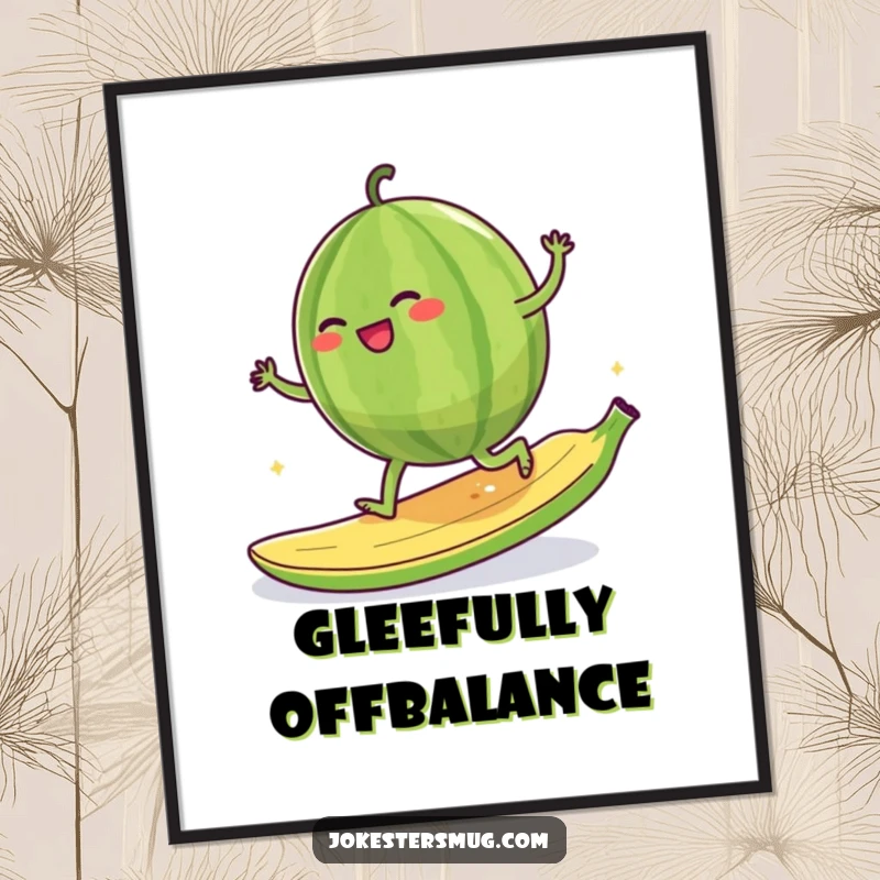 Funny giggling watermelon character attempting to moonwalk on a banana peel, digital artwork for instant download.