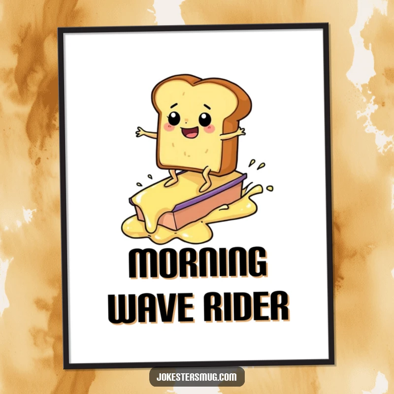Funny toast surfing on butter digital art print, humorous breakfast illustration, instant download, versatile decor, a unique funny gift.