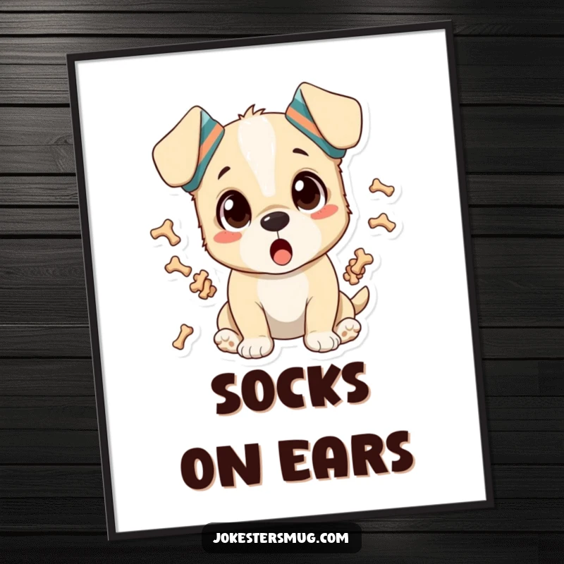 Funny digital art print of a surprised puppy with socks on ears, juggling bones, instant download decor.